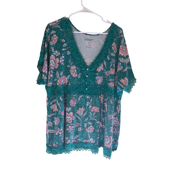 Torrid Super Soft Knit Top 3x Womens Plus Size Green Floral V Neck Pullover - Picture 1 of 6